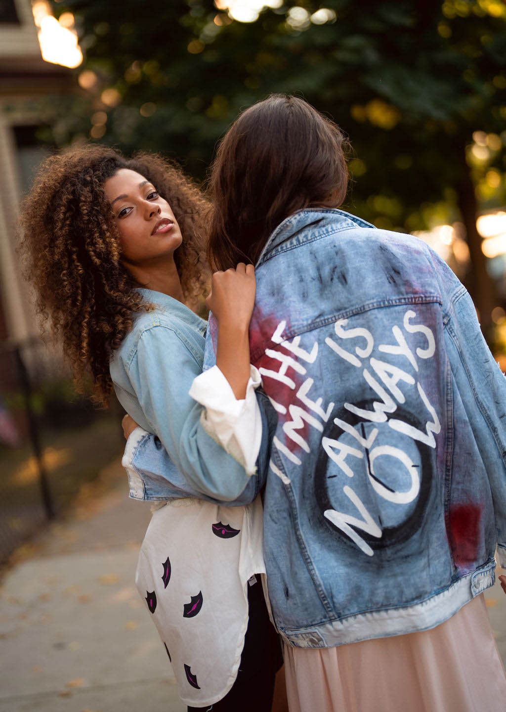 Hand Painted Jaan Jacket for women with the writing the time is always now